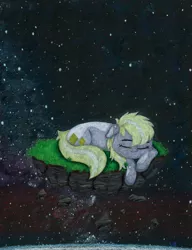 Size: 3153x4096 | Tagged: safe, artist:myzanil, derpibooru import, oc, oc:light charm, unofficial characters only, earth pony, pony, colored pencil drawing, cute, eyes closed, floating island, floppy ears, grass, image, jpeg, lying down, peaceful, rock, sleeping, smiling, solo, space, stars, traditional art