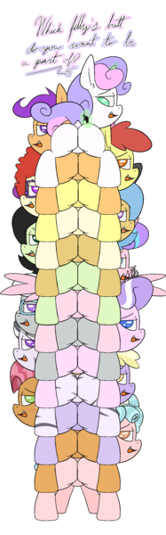 Size: 1050x3367 | Tagged: suggestive, alternate version, artist:happy harvey, derpibooru import, apple bloom, babs seed, cozy glow, diamond tiara, dinky hooves, princess flurry heart, scootaloo, silver spoon, sweetie belle, twist, oc, oc:anon, oc:anonfilly, oc:little league, oc:zala, earth pony, pegasus, pony, unicorn, zebra, bloom butt, blushing, booty mark crusaders, butt, colored pupils, cutie mark crusaders, dialogue, dock, drawn on phone, featureless crotch, female, filly, foalcon, image, imminent vore, jewelry, levitation, looking at you, looking back, looking back at you, macro, magic, micro, open mouth, png, pony pile, pony stacking, raised tail, scootabutt, shipping, smiling, spread wings, stack, sweetie butt, tail, telekinesis, this will end in vore, tiara, tower of pony, underage, wings, zebra oc