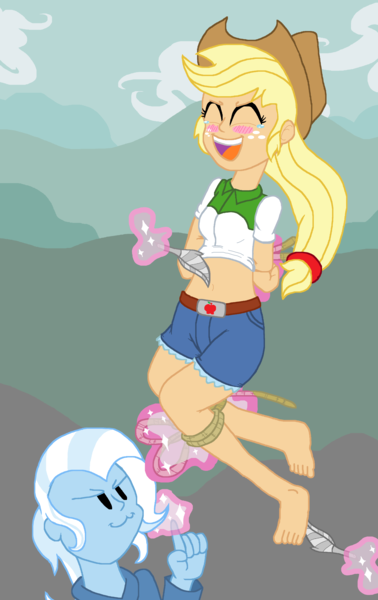 Size: 2856x4528 | Tagged: safe, artist:tagman007, derpibooru import, edit, applejack, trixie, equestria girls, magic duel, :3, >:3, arm behind back, barefoot, belly button, better version, bondage, breasts, clothes, crying, cute, equestria girls interpretation, eyes closed, feather, feet, female, fetish, foot fetish, image, jackabetes, laughing, lesbian, levitation, magic, magic aura, midriff, open mouth, png, raised finger, rope, rope bondage, scene interpretation, sexy, shipping, shorts, tears of laughter, teary eyes, telekinesis, tickle torture, tickling, tied up, toes, tripplejack