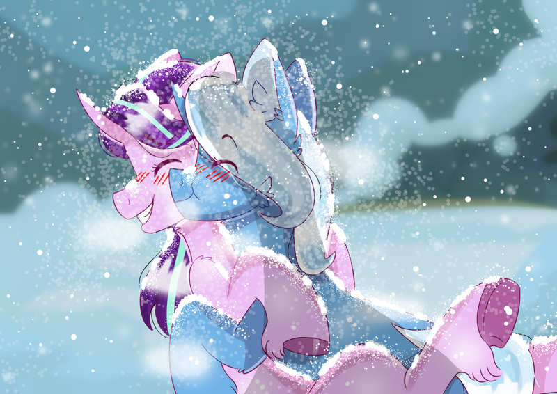 Size: 1280x905 | Tagged: safe, artist:valkiria, derpibooru import, starlight glimmer, trixie, pony, unicorn, blushing, cute, diatrixes, female, glimmerbetes, image, lesbian, png, shipping, snow, snowfall, startrix, winter