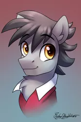 Size: 2000x3000 | Tagged: safe, artist:jedayskayvoker, derpibooru import, oc, oc:vectored thrust, unofficial characters only, pony, bust, chest fluff, clothes, colored pupils, ear fluff, eyebrows, eyebrows visible through hair, fluffy, gradient background, high res, icon, image, looking at you, male, patreon, patreon reward, png, portrait, shirt, smiling, smiling at you, solo, stallion