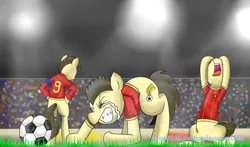 Size: 1200x704 | Tagged: safe, artist:phuocthiencreation, derpibooru import, ponified, earth pony, pony, 2014, bipedal, clothes, crying, eyes closed, football, gritted teeth, head in hooves, image, nose in the air, open mouth, png, sad, sports, stadium, tail, vietnam