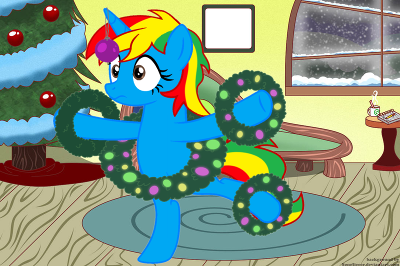 Size: 1091x725 | Tagged: safe, artist:shield-wing1996, derpibooru import, oc, oc:royal strength, alicorn, pony, bipedal, christmas, christmas tree, female, holiday, image, multicolored mane, png, solo, standing, standing on one leg, tree
