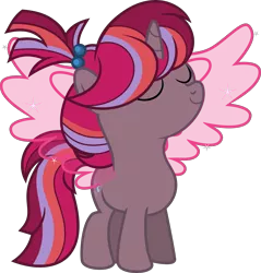 Size: 3999x4188 | Tagged: safe, artist:shootingstarsentry, derpibooru import, oc, oc:nightingale, unofficial characters only, pony, unicorn, absurd resolution, artificial wings, augmented, eyes closed, female, filly, full body, horn, image, magic, magic wings, multicolored mane, multicolored tail, png, show accurate, simple background, smiling, solo, standing, tail, transparent background, unicorn oc, vector, wings