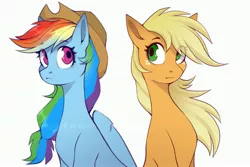 Size: 3543x2362 | Tagged: safe, artist:buvanybu, derpibooru import, applejack, rainbow dash, earth pony, pegasus, pony, accessory swap, alternate hairstyle, image, jpeg, mane swap