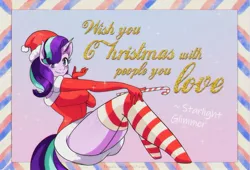 Size: 1423x965 | Tagged: safe, artist:traupa, derpibooru import, part of a set, starlight glimmer, anthro, unicorn, adorasexy, anime, anime style, big breasts, breasts, busty starlight glimmer, christmas, clothes, costume, cute, evening gloves, food, gloves, hat, holiday, image, jpeg, long gloves, one eye closed, postcard, santa costume, santa hat, sexy, socks, stockings, stupid adorasexy starlight, sugar cane, thigh highs, wink