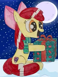 Size: 649x849 | Tagged: safe, artist:aking, derpibooru import, apple bloom, pony, christmas, clothes, cute, gift giving, holiday, image, png, present, scarf, smiling, snow, snowfall, solo, traditional art, winter