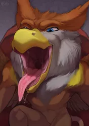 Size: 1321x1878 | Tagged: suggestive, artist:nevolsky, derpibooru import, oc, oc:peregrine, unofficial characters only, anthro, gryphon, beak, drool, image, male, maw, mawshot, open mouth, png, solo, solo male, throat, tongue out, wings