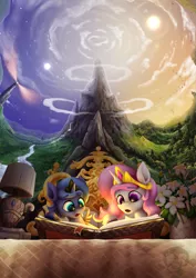 Size: 1169x1653 | Tagged: safe, artist:calena, derpibooru import, princess celestia, princess luna, alicorn, pony, fanfic, fanfic:into the light, adorkable, bedroom, book, cewestia, cloud, cover, cover art, crown, cute, dork, fanfic art, female, filly, filly celestia, filly luna, flower, gold, image, jewelry, lighthouse, magic, moon, mountain, png, regalia, river, royal sisters, scenery, scenery porn, siblings, sisters, sun, woona, younger