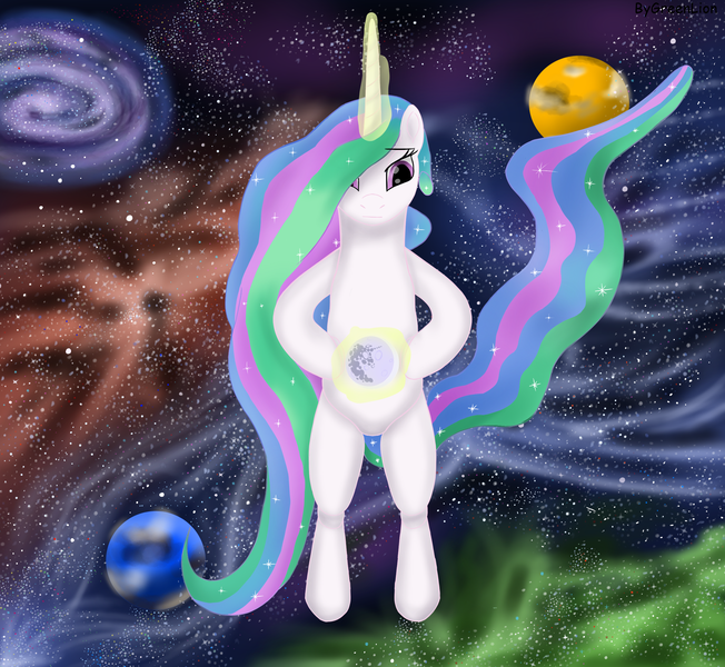 Size: 2500x2300 | Tagged: safe, derpibooru import, princess celestia, princess luna, alicorn, pony, artwork, giantlestia, greenlion, image, macro, magic, png, princess, solo, space