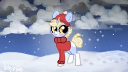 Size: 1920x1080 | Tagged: safe, artist:nootaz, derpibooru import, oc, oc:nootaz, unofficial characters only, pony, unicorn, clothes, coat markings, female, hat, image, jpeg, mare, snow, snowfall, solo, sweater, winter