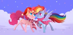 Size: 4344x2097 | Tagged: safe, artist:1an1, derpibooru import, pinkie pie, rainbow dash, earth pony, pegasus, pony, blushing, christmas, clothes, cute, duo, female, hat, holiday, image, lesbian, pinkiedash, png, santa hat, scarf, shipping, snow, winter