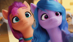 Size: 1400x800 | Tagged: safe, derpibooru import, edit, edited screencap, screencap, izzy moonbow, sunny starscout, earth pony, pony, unicorn, my little pony: a new generation, spoiler:g5, spoiler:my little pony: a new generation, animated, female, g5, gif, head shake, image, loop, mare, nodding, serious, serious face, yes