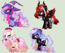 Size: 1818x1481 | Tagged: safe, artist:kyannepopys, derpibooru import, oc, unofficial characters only, earth pony, pegasus, pony, base used, clothes, earth pony oc, eyelashes, female, floral head wreath, flower, hat, horns, image, mare, multicolored hair, pegasus oc, png, rainbow hair, simple background, socks, striped socks, wings, witch hat