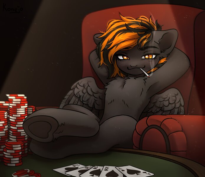 Size: 3040x2625 | Tagged: safe, artist:konejo, derpibooru import, oc, unofficial characters only, pegasus, pony, card game, cigarette, image, jpeg, playing card, poker card, royal flush, smoking, solo