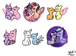 Size: 1132x832 | Tagged: safe, artist:enifersuch, derpibooru import, oc, alicorn, pegasus, pony, alicorn oc, base used, female, horn, image, male, mare, multicolored hair, oc x oc, one eye closed, pegasus oc, png, rainbow hair, shipping, signature, simple background, smiling, stallion, transparent background, wings, wink