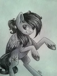 Size: 453x604 | Tagged: safe, artist:avonir, derpibooru import, oc, unofficial characters only, pegasus, pony, colored wings, grayscale, image, monochrome, pegasus oc, png, rearing, signature, smiling, solo, traditional art, two toned wings, unshorn fetlocks, wings