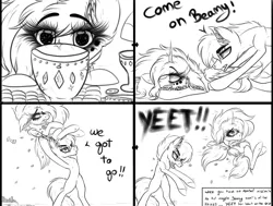 Size: 3005x2275 | Tagged: safe, artist:beamybutt, derpibooru import, oc, oc:moonbeam, unofficial characters only, alicorn, pony, alicorn oc, comic, dialogue, eyelashes, female, holding a pony, horn, image, lineart, male, mare, monochrome, png, stallion, wide eyes, wings, yeet