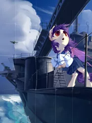 Size: 2389x3187 | Tagged: safe, artist:blue ink, derpibooru import, oc, oc:sunset cloudy, bat pony, battleship, cloud, fighter, image, ocean, png, purple hair, purple wings, red eyes, sailor suit, white body, wings