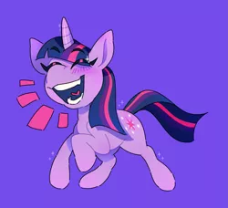 Size: 1295x1180 | Tagged: safe, artist:battery-clippings, derpibooru import, twilight sparkle, pony, unicorn, cute, eyes closed, image, open mouth, png, purple background, simple background, smiling, solo, twiabetes, unicorn twilight