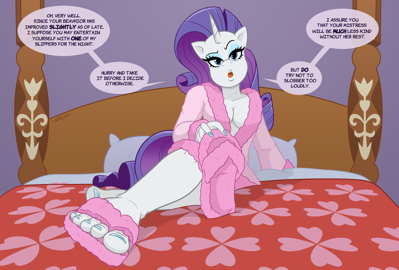 Size: 1300x881 | Tagged: suggestive, artist:nasiri, derpibooru import, rarity, anthro, unicorn, bed, clothes, dialogue, feet, female, femdom, fetish, foot fetish, image, looking at you, nail polish, night gown, png, robe, slippers, solo