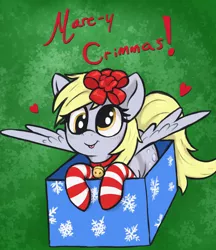 Size: 2080x2410 | Tagged: safe, artist:t72b, derpibooru import, derpy hooves, pegasus, pony, :p, bell, bell collar, bow, box, christmas, clothes, collar, hair bow, holiday, image, misspelling, png, pony in a box, pun, socks, solo, tongue out