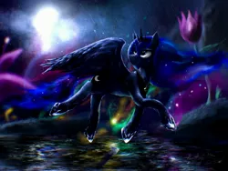 Size: 4000x3000 | Tagged: safe, artist:andley, derpibooru import, princess luna, alicorn, pony, digital art, digital painting, dream, female, flower, high res, image, jpeg, lens flare, mare, moon, night, rain, solo