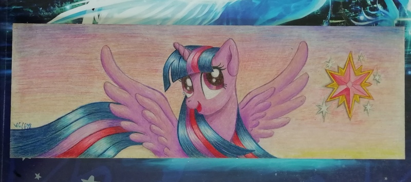 Size: 4160x1848 | Tagged: safe, artist:wolfinka84, derpibooru import, twilight sparkle, twilight sparkle (alicorn), alicorn, pony, colored pencil drawing, cutie mark, female, hardboard, image, jpeg, mare, signature, smiling, solo, spread wings, traditional art, wings