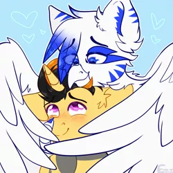 Size: 2000x2000 | Tagged: safe, artist:etoz, derpibooru import, oc, oc:light speed, unofficial characters only, gryphon, pony, unicorn, blushing, cute, eyebrows, eyebrows visible through hair, griffon oc, happy, heart, horn, hug, image, looking down, looking up, male, png, smiling, stallion, unicorn oc, wings