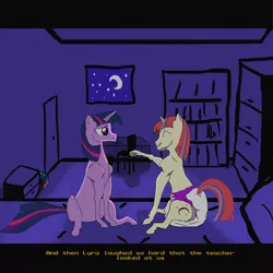 Size: 4000x4000 | Tagged: suggestive, artist:drasill, derpibooru import, moondancer, twilight sparkle, pony, unicorn, caption, cute, dialogue, diaper, diaper fetish, digital art, duo, duo female, eyes closed, female, fetish, image, incontinence, incontinent, jpeg, non-baby in diaper, poofy diaper, sitting, sleepover, smiling, text, unicorn twilight