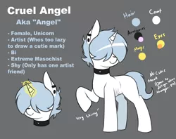 Size: 4000x3160 | Tagged: safe, artist:ccruelangel, derpibooru import, oc, oc:cruel angel, pony, unicorn, anorexic, blank flank, blue mane, choker, female, hair over eyes, image, png, reference sheet