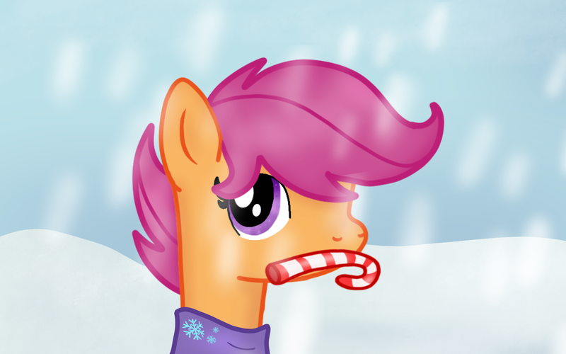 Size: 1920x1200 | Tagged: safe, derpibooru import, scootaloo, pegasus, pony, candy, candy cane, christmas, clothes, cute, cutealoo, food, holiday, image, png, scarf, snow, snowfall, snowflake