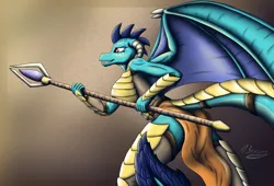 Size: 2660x1813 | Tagged: safe, artist:bomzzzik, derpibooru import, princess ember, dragon, armor, butt, clothes, dragoness, dragon lord ember, female, image, loincloth, png, princess embutt, signature, simple background, solo, staff