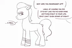 Size: 3048x2048 | Tagged: safe, artist:dancingkinfiend, derpibooru import, sprout cloverleaf, earth pony, pony, my little pony: a new generation, angry, bandage, bandages on wrist, bully, bullying, conversation, cutting, depression, doodle, eyebrows down, g5, hurting, image, implied self harm, insult, insulted, jpeg, lineart, lines, rude, sad, self harm, sketch, solo, tail, talking, text, wavy hair, wavy mane, wavy tail