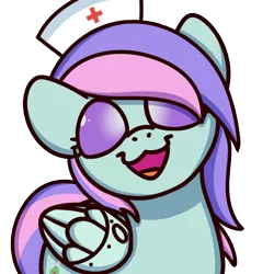 Size: 894x894 | Tagged: safe, artist:sugar morning, derpibooru import, oc, oc:blissy, pony, artificial wings, augmented, disguise, disguised changeling, hat, image, mechanical wing, nurse hat, png, sugar morning's smiling ponies, wings