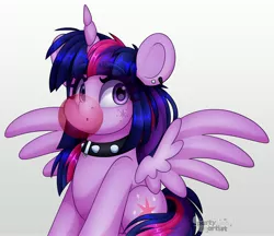 Size: 4000x3461 | Tagged: safe, artist:partylikeanartist, derpibooru import, twilight sparkle, twilight sparkle (alicorn), alicorn, pony, absurd resolution, alternate hairstyle, bubblegum, choker, ear piercing, earring, eye clipping through hair, eyebrows, facial markings, food, gum, image, jewelry, jpeg, looking away, obtrusive watermark, piercing, punk, simple background, sitting, solo, studded choker, watermark