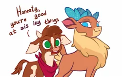 Size: 1500x945 | Tagged: safe, artist:switchsugar, derpibooru import, part of a set, velvet reindeer, cow, deer, reindeer, them's fightin' herds, arizona (tfh), astonished, community related, dialogue, female, image, jpeg, neckerchief, simple background, smug