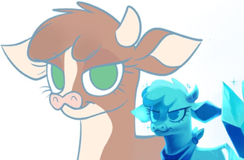 Size: 911x600 | Tagged: safe, artist:switchsugar, derpibooru import, part of a set, arizona cow, cow, them's fightin' herds, arizonadorable, arizona (tfh), community related, cute, female, ice, ice sculpture, image, jpeg, neckerchief, simple background, smiling, sparkles