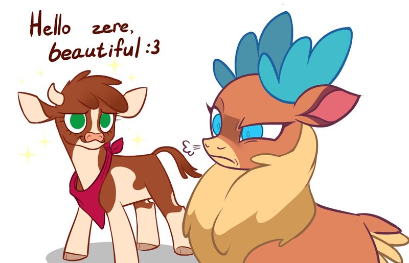 Size: 1344x865 | Tagged: safe, artist:switchsugar, derpibooru import, part of a set, arizona cow, velvet reindeer, cow, deer, reindeer, them's fightin' herds, arizonadorable, arizona (tfh), community related, cringing, cute, dialogue, female, image, jpeg, neckerchief, simple background, smiling, unamused, velvet is not amused