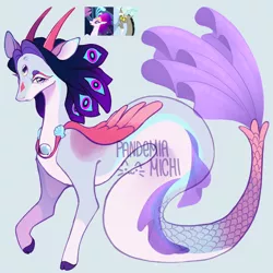 Size: 3200x3200 | Tagged: safe, artist:pandemiamichi, derpibooru import, oc, unofficial characters only, seapony (g4), blue eyes, blue mane, dorsal fin, fins, fish tail, flowing tail, gray background, image, jewelry, lidded eyes, looking at you, necklace, png, seashell, signature, simple background, solo, tail, wings
