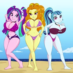 Size: 3000x3000 | Tagged: suggestive, artist:chaoskomori, derpibooru import, adagio dazzle, aria blaze, sonata dusk, equestria girls, absolute cleavage, arm behind head, beach, big breasts, bikini, breasts, busty adagio dazzle, busty aria blaze, busty sonata dusk, cleavage, clothes, commission, curvy, female, females only, grin, hand on hip, high res, huge breasts, image, jpeg, smiling, swimsuit, the dazzlings