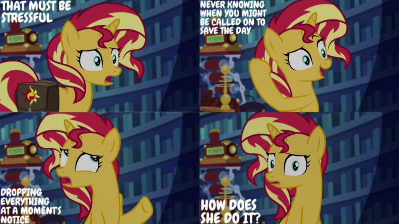 Size: 1280x720 | Tagged: safe, derpibooru import, edit, edited screencap, editor:quoterific, screencap, sunset shimmer, pony, unicorn, equestria girls, mirror magic, spoiler:eqg specials, bag, female, image, library, mare, open mouth, open smile, png, saddle bag, smiling, solo, twilight's castle, twilight's castle library