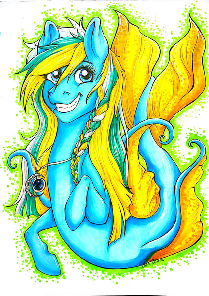 Size: 2058x2915 | Tagged: safe, artist:alexispaint, derpibooru import, oc, unofficial characters only, seapony (g4), blue eyes, dorsal fin, fish tail, flowing tail, image, jewelry, jpeg, looking at you, necklace, simple background, smiling, solo, tail, teeth, white background