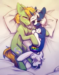 Size: 1327x1695 | Tagged: safe, artist:faract, derpibooru import, oc, oc:hoping light, oc:passi deeper, unofficial characters only, pony, unicorn, bed, bedsheets, blanket, blushing, chest fluff, coat markings, colored pupils, cuddling, cute, duo, duo male, eyebrows, eyebrows visible through hair, eyes closed, floppy ears, gay, happy, heart eyes, horn, hug, image, lidded eyes, looking at each other, looking at someone, lying down, male, morning, oc x oc, open mouth, pillow, png, ponytail, salivating, shipping, shy, sleeping, smiling, smiling at each other, socks (coat marking), stallion, stallion on stallion, tail, unicorn oc, wingding eyes