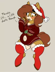 Size: 1573x2048 | Tagged: suggestive, artist:somefrigginnerd, oc:pencil test, belly, belly button, christmas, christmas jumper, christmas sweater, chubby, chubby belly, clothes, hat, holiday, image, jpeg, santa hat, socks, speech, stockings, sweater, talking, thigh highs