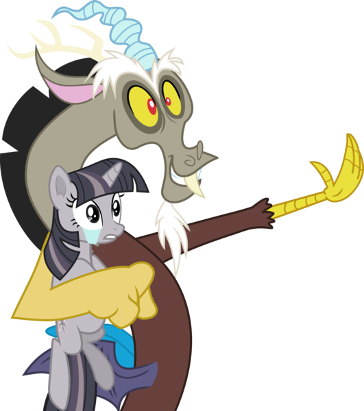 Size: 2657x3000 | Tagged: safe, artist:frownfactory, artist:wardex101, derpibooru import, edit, discord, twilight sparkle, draconequus, pony, unicorn, the return of harmony, crying, discorded, discorded twilight, duo, ear fluff, female, frown, gritted teeth, high res, holding a pony, horn, image, male, mare, png, simple background, smiling, tail, toy story, transparent background, unicorn twilight, vector, wings, x x everywhere