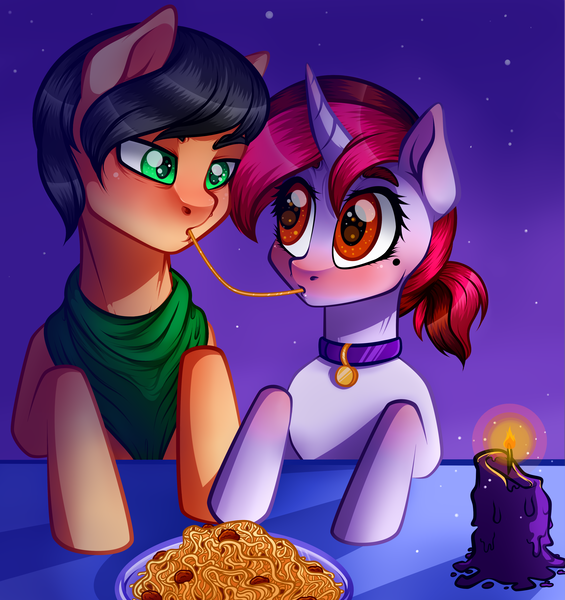 Size: 3767x4000 | Tagged: safe, artist:vetta, derpibooru import, oc, oc:kosh, oc:vetta, earth pony, pony, unicorn, candle, clothes, food, image, pasta, png, spaghetti, spaghetti scene