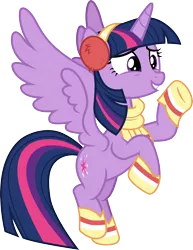 Size: 3000x3895 | Tagged: safe, artist:cloudyglow, derpibooru import, twilight sparkle, twilight sparkle (alicorn), alicorn, pony, best gift ever, clothes, earmuffs, female, flying, full body, high res, horn, image, mare, multicolored mane, multicolored tail, png, purple eyes, scarf, simple background, smiling, solo, spread wings, tail, transparent background, vector, wings