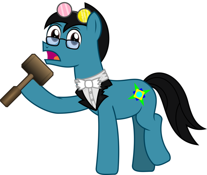 Size: 2412x2039 | Tagged: safe, artist:sketchmcreations, derpibooru import, oc, oc:sketch mythos, earth pony, pony, derpibooru community collaboration, 2022 community collab, bowtie, collar, derpibooru exclusive, glasses, hammer, hoof hold, image, looking at you, male, open mouth, png, raised hoof, raised leg, simple background, stallion, sunglasses, transparent background, vector