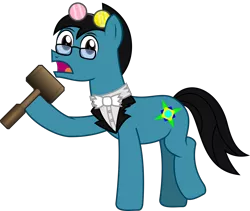 Size: 2412x2039 | Tagged: safe, artist:sketchmcreations, derpibooru import, oc, oc:sketch mythos, earth pony, pony, derpibooru community collaboration, 2022 community collab, bowtie, collar, derpibooru exclusive, glasses, hammer, hoof hold, image, looking at you, male, open mouth, png, raised hoof, raised leg, simple background, stallion, sunglasses, transparent background, vector